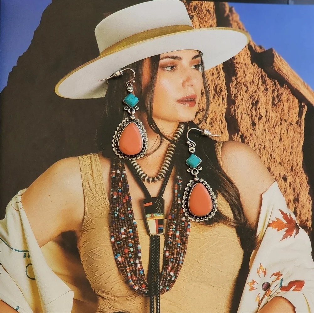 Boho Western Drop Earrings Coral and Turquoise 2" - Picture 4 of 5